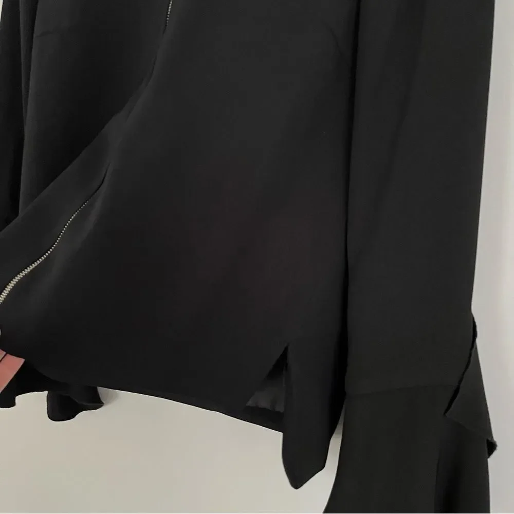 Zara Black Crepe Full Zip Ruffle Bell Sleeve Jacket, Size S NWOT